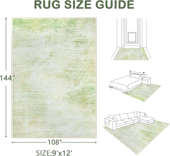 Area Rugs 9x12 Living Room: Washable Rug Modern Abstract Large Rugs Soft Non Slip Neutral Rug Stain Resistant Indoor Carpet for Bedroom Kitchen Dining Room Home Office Rugs(Green,9'x12')
