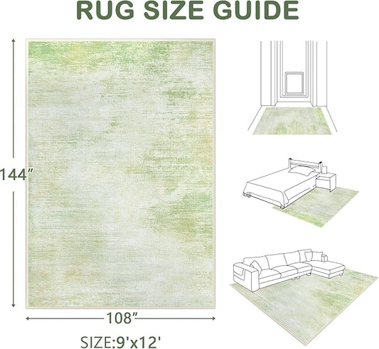 Area Rugs 9x12 Living Room: Washable Rug Modern Abstract Large Rugs Soft Non Slip Neutral Rug Stain Resistant Indoor Carpet for Bedroom Kitchen Dining Room Home Office Rugs(Green,9'x12')