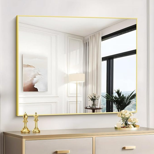 COFENY Gold Bathroom Mirror for Wall, 30x36 Inch Rectangle with Metal Frame, Modern Vanity for Bathroom Living Room, Entryway Hangs Horizontal or Vertical