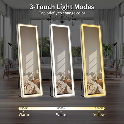 Koonmi Full Length Mirror with LED Lights, 60"x16" Lighted Mirror with Dimming & 3 Color Lighting, Big Mirror for Bedroom, Dressing Room, Rectangle,White