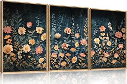 HPNIUB Moody Dark Wildflowers Framed Wall Art Set,Modern Botanical Floral Wall Decor,Dark Blue Colorful Flower Vibrant Printing,Nature Spring Flower Artwork for Living Room, Bedroom,Office-24''x36''x3