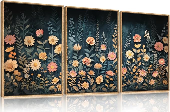 HPNIUB Moody Dark Wildflowers Framed Wall Art Set,Modern Botanical Floral Wall Decor,Dark Blue Colorful Flower Vibrant Printing,Nature Spring Flower Artwork for Living Room, Bedroom,Office-16''x24''x3