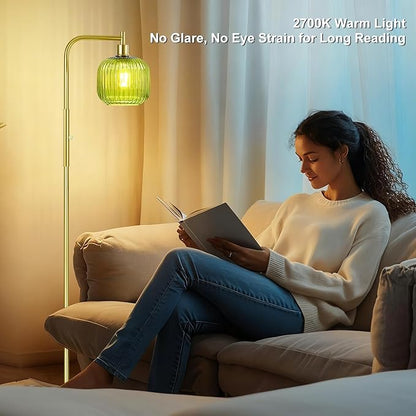 Vinaco Glass Arc Floor Lamps for Living Room, Brused Gold Floor Lamp with Ribbed Glass Shade, Dimmable Tall Lamps with Rotary Switch, Modern Standing Lamp with Bulb Included for Bedroom, Study Room
