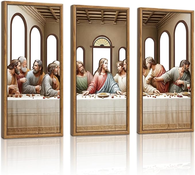KAIRNE 3Pcs Jesus Last Supper Wall Art,Christian Wooden Wall Decor,Religious Faith Wood Hanging Decor,Bible Verse Artwork,Scripture Jesus Art for Living Room Dining Room Bedroom Decoration,Framed