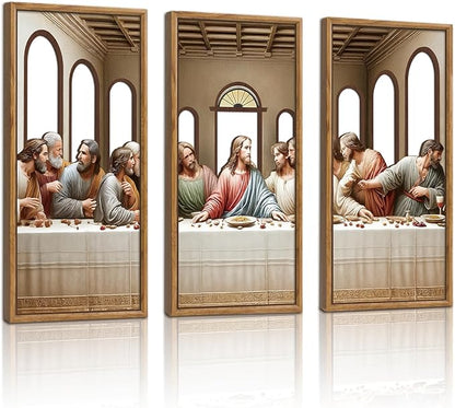 KAIRNE 3Pcs Jesus Last Supper Wall Art,Christian Wooden Wall Decor,Religious Faith Wood Hanging Decor,Bible Verse Artwork,Scripture Jesus Art for Living Room Dining Room Bedroom Decoration,Framed