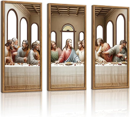 KAIRNE 3Pcs Jesus Last Supper Wall Art,Christian Wooden Wall Decor,Religious Faith Wood Hanging Decor,Bible Verse Artwork,Scripture Jesus Art for Living Room Dining Room Bedroom Decoration,Framed