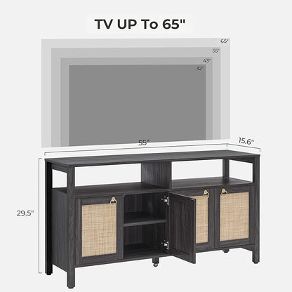 SICOTAS Rattan TV Stand for Television up to 65 Inch - 29.5" Tall Entertainment Center with Storage and Open Shelves,Boho Credenza TV Console Cabinet with 4-Doors and Adjustable Shelf for Living Room