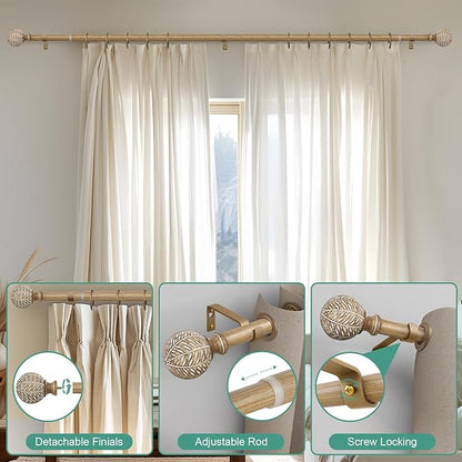 QDWIS Wood Curtain Rods for Windows 72 to 144 Inch,1'' Diameter Drapery Rods with Imitation Wood Grain Leaf Pattern Finials,Boho Adjustable Heavy Duty Curtain Rods Set,36-150'',Color:Weathered Wood