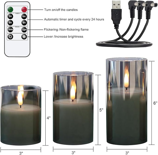 GenSwin Rechargeable LED Flameless Flickering Glass Candles with Remote Timer, Battery Operated Pillar Candles Long Lasting Grey Real Wax USB (D 3”×H 4”5”6”)