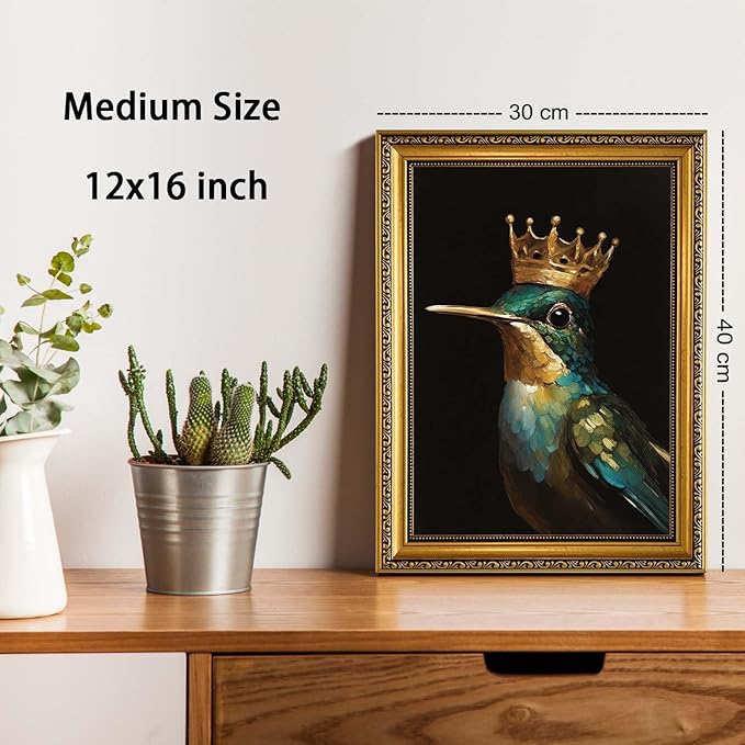 YD&YZY Gold Framed Vintage Wall Art Canvas Hummingbird Birds King Wall Decor Retro Golden Wall Prints Cute Animal Painting Picture Print Artwork for Bedroom Living Room Bathroom 12x16 inch Framed