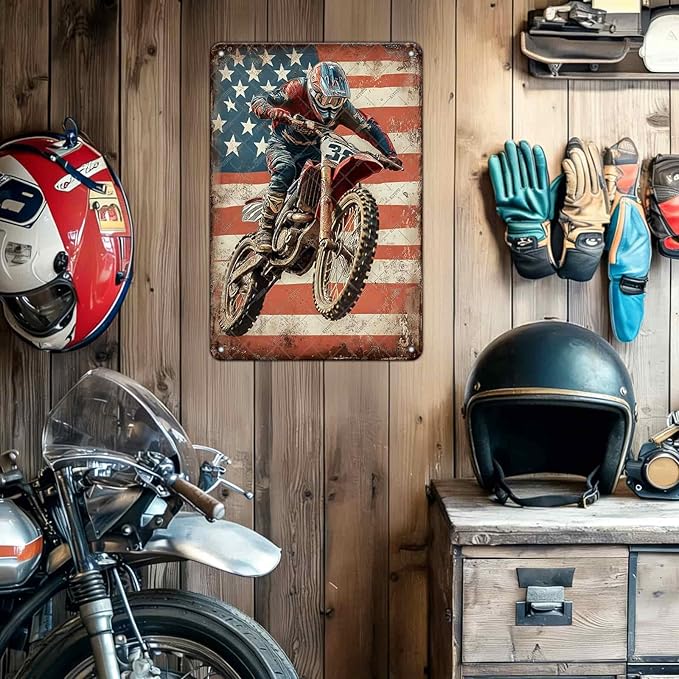 Dirt Bike Racing Motocross Racing American Flag Metal Signs Racing Motocross Tin Poster Wall Decor Home Office Garage Man Cave Bar Club Boy Room Decor 12x16 Inch