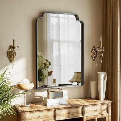 GLSLAND 20"x30" Petal Arch Bathroom Mirror – Modern Metal Frame Vanity Mirror with Scalloped Edge for Over Sink, Bedroom, Living Room, Entryway, Non-Rusting Decorative Wall Mirror, Black