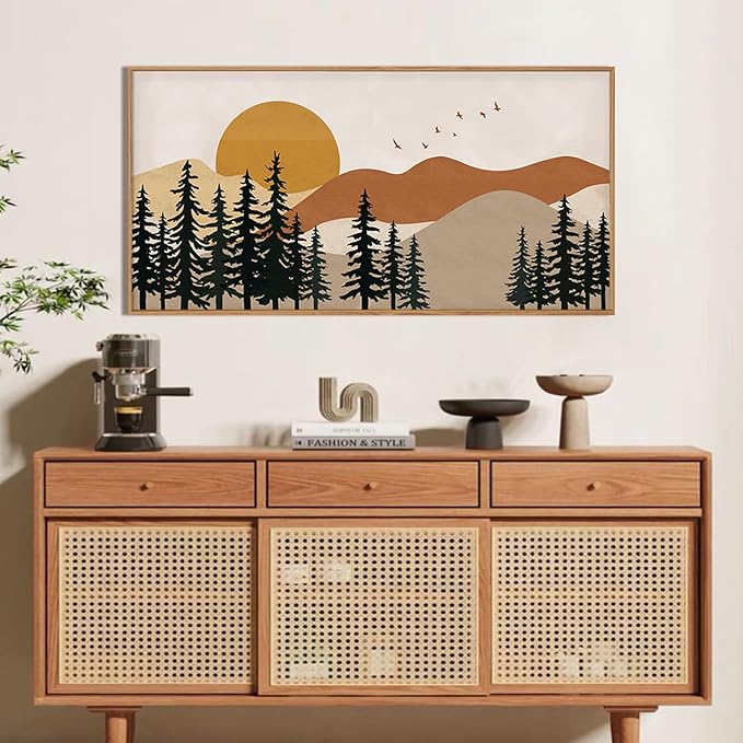 Large Boho Mountain Framed Canvas Wall Art Set,Nature Forest Pine Tree Wall Decor,Modern Mid Century Sunset Landscape Artwork for Living Room,Bedroom-20 x40