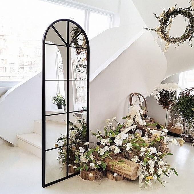 65×22" Arched Window Finished Full Length Mirror, Wall Mirror with Metal Frame, Home Decor Windowpane Mirror, Wall Mounted or Leaning, No Stand - Black