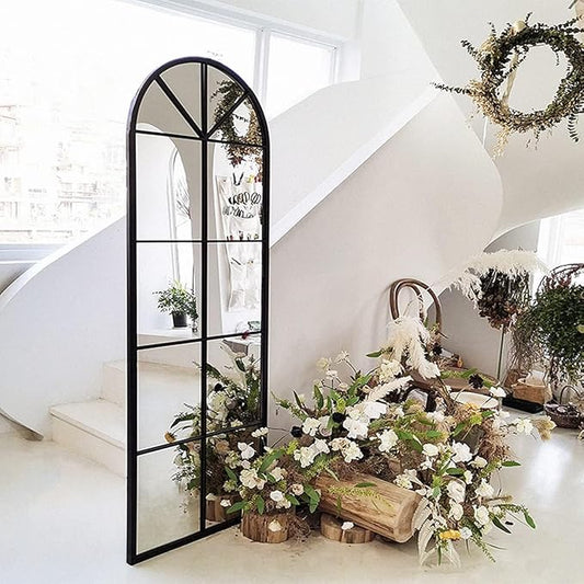 65×22" Arched Window Finished Full Length Mirror, Wall Mirror with Metal Frame, Home Decor Windowpane Mirror, Wall Mounted or Leaning, No Stand - Black