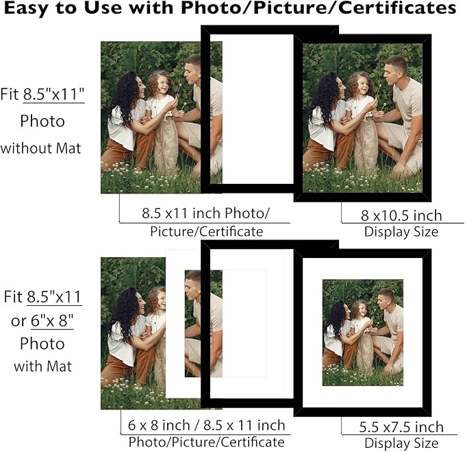 JCJMY 12 Packs 8.5 by 11 Picture Frames, Display 6x8 with Mat or 8.5x11 Without, for Award Certificate Diploma Document, 8.5 x 11 Frames Bulk Set of 12 Photo Frames Set for Wall and Tabletop, Black
