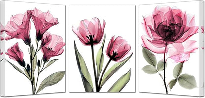 KREATIVE ARTS 3 Piece X-Ray Flower Canvas Wall Art - Abstract Transparent Floral Prints, Elegant Artwork for Living Room, Ready to Hang, 12x16'' Each (Pink)