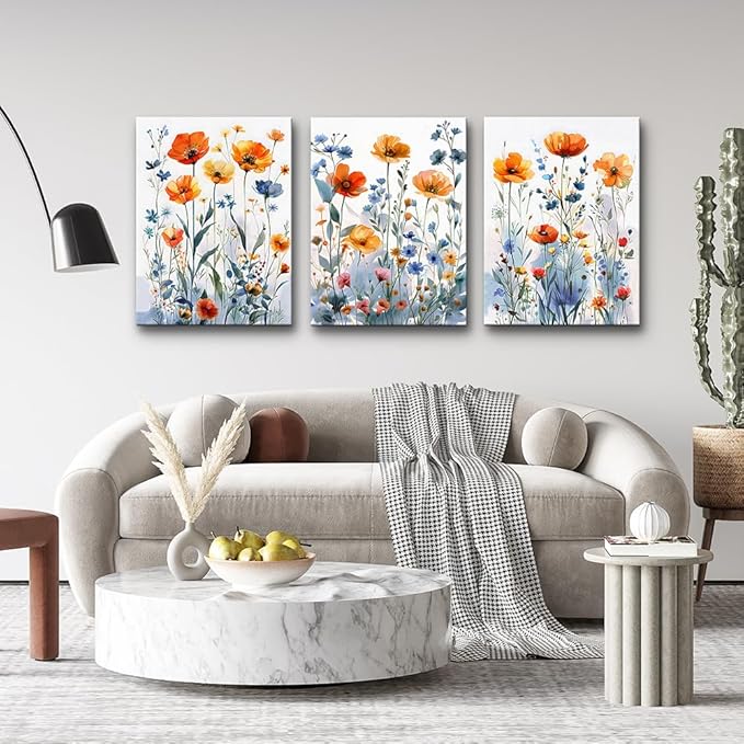 TTHYUEWS Boho Wall Art for Living Room & Bedroom - Modern Wall Decorations - 3 Piece Set - Flowers Watercolour Paintings & Posters - Home Decor