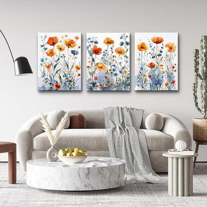 TTHYUEWS Boho Wall Art for Living Room & Bedroom - Modern Wall Decorations - 3 Piece Set - Flowers Watercolour Paintings & Posters - Home Decor