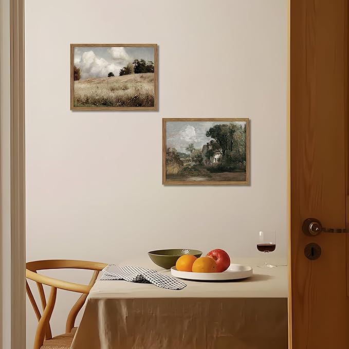 Framed Vintage Landscape Wall Art Set of 2, Rustic Farmhouse Field Canvas Wall Decor Paintings, Retro Nature Country Artwork Prints Pictures for Living Room Bedroom Home Decor 16x24 Inch