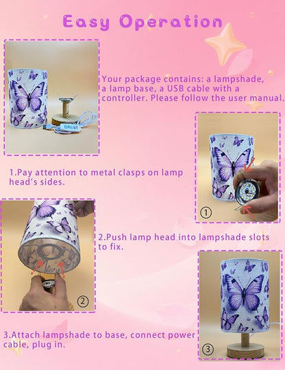Kids Lamps for Bedrooms Girls, Cartoon Alphabet Table Lamp 3 Color Changing LED Night Light with 9 Brightness Levels Wood Nightstand Desk Base Flaxen Fabric Shade for Bedroom Living Room