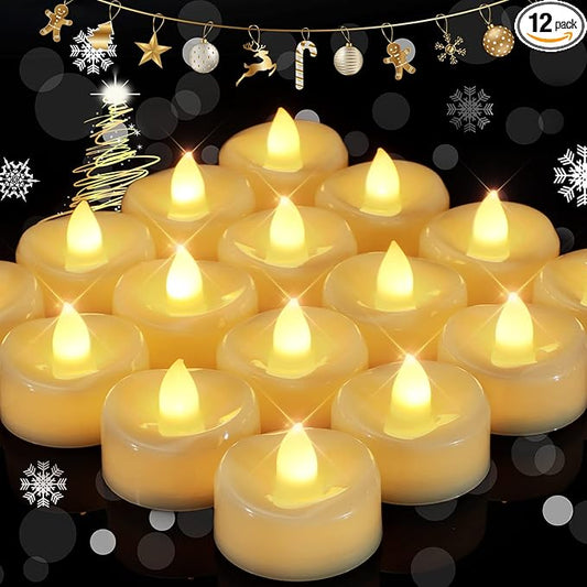 merrynights Flameless Candles, 12 Pack LED Tea Lights Candles Battery Operated, Last 200+ Hrs Flickering Tea Lights, Flameless Tealight Candles for Halloween Diwali Fall Christmas Wedding