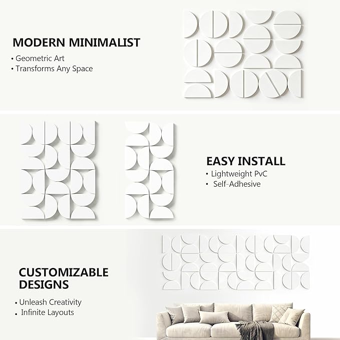 Half Circles 3D Wall Panels, Wall Decor Accents, Geometric Art, Large Wall Art, Landscape Home Decoration Modern and Minimalist For living Room,Bedroom, Office-24-Pack Panel Kit (White-24 PACK)