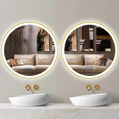 24 Inch Gold Bathroom Round LED Mirror with Lights Gold Frame Round Lighted Mirror for Bathroom Wall Round Vanity Lighted Mirrors 3 Color Dimmable Anti Fog Bathroom Circle Light up Smart Mirror