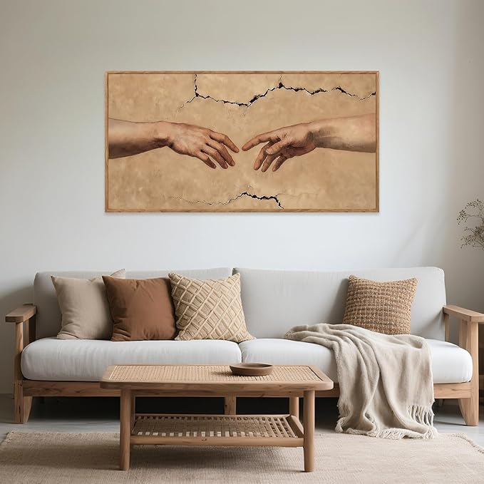 Aurlan The Creation of Adam Framed Wall Art(40"x20"), Large Christian Religious Hands of God Canvas Artwork, Classic Earth Tone Michelanglo Graffiti Street Art Decor for Home Office Bedroom