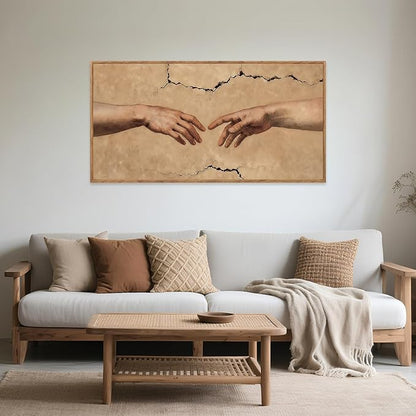 Aurlan The Creation of Adam Framed Wall Art(40"x20"), Large Christian Religious Hands of God Canvas Artwork, Classic Earth Tone Michelanglo Graffiti Street Art Decor for Home Office Bedroom