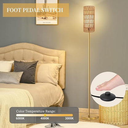 Ruiever Floor Lamp for Living Room,Farmhouse Floor lamp,Modern Standing lamp with Hand-Worked Rattan Shade (Round Rattan Shade Gold Color-3 Color Bulb)
