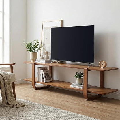 55" Bamboo TV Stand for 65 inch TV, Media Console Table with 2-Tier Shelves, Mid-Century Entertainment Center for Living Room, Bedroom, Walnut