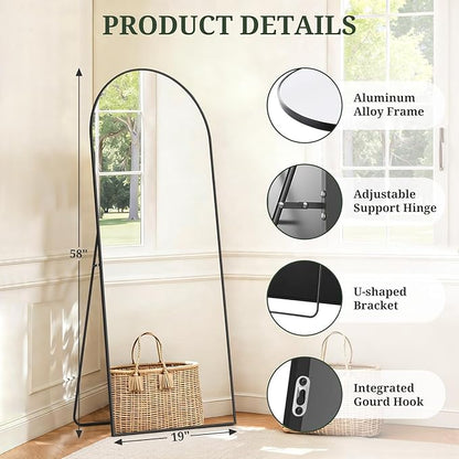Mirror Full Length 58"x19" Full Body Floor Mirror with Stand, Shatterproof Glass, Aluminum Alloy Frame, Free Standing Wall Mounted or Leaning Arched Mirrors for Bedroom Living Room Entryway