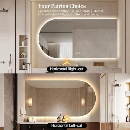Arched LED Bathroom Mirror, 40"x24" Arch Framless Backlit Mirror with Lights Vanity Mirror for Makeup, Anti-Fog, Dimmable, 3-Color, Memory Function, IP65 Waterproof, UL Listed, Horizontal-Left