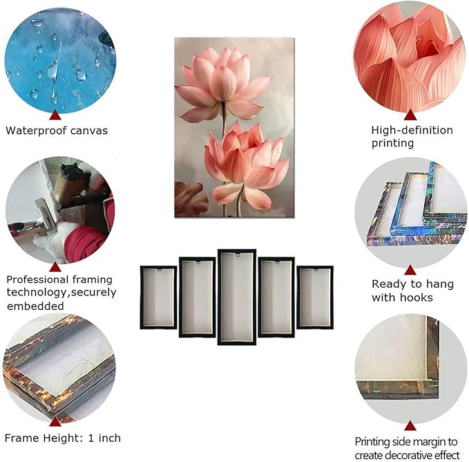 Lotus Pictures Wall Art for Bathroom Pink Flowers Modern Spring Floral Paintings Canvas Prints Artwork for Living Room Bedroom Home Decoration Framed
