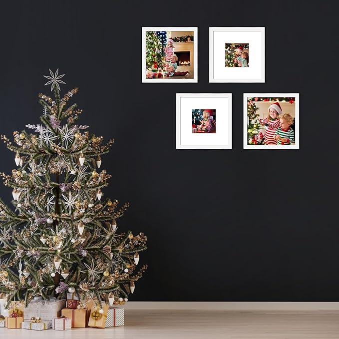 10x10 Picture Frame Set of 9, Display Pictures 8x8 with Mat or 10x10 without Mat, Multi Collage Gallery Square Photo Frames for Wall or Tabletop, White