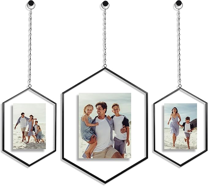 Americanflat Metal Floating Frame with Chain - Set of 3 - Use as 8x10 or 5x7 Frame - Pressed Flower Display for Wall Decor - Elegant Black Molding with Shatter-Resistant Glass