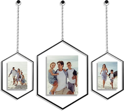 Americanflat Metal Floating Frame with Chain - Set of 3 - Use as 8x10 or 5x7 Frame - Pressed Flower Display for Wall Decor - Elegant Black Molding with Shatter-Resistant Glass