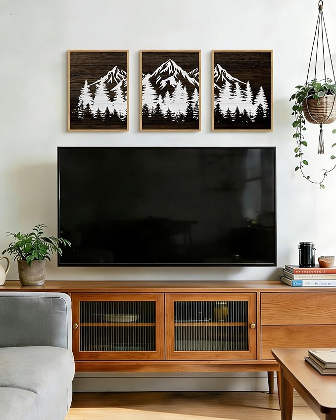 PHOPAGO Mountains Tree Framed Wall Art Boho Forest Nature Landscape Artwork Paints Morden Country Woodcut Wood Wall Decor Rustic Home Decor - 11x14in Natural Framed