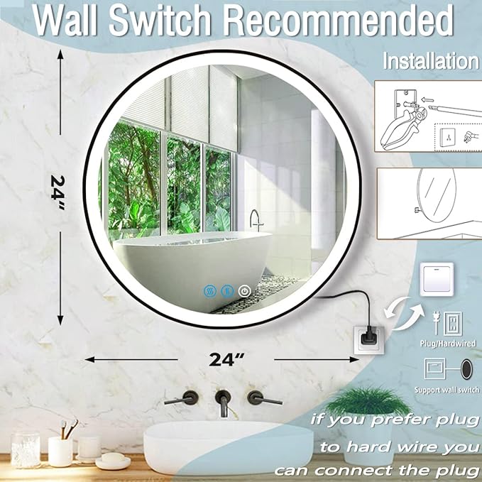 24 Inch Black Frame Round LED Bathroom Mirror with Lights 3 Color Dimmable Smart Memory Front Light Black Round Lighted Vanity Mirror for Bathroom Wall Circle LED Light up Mirrors AntiFog