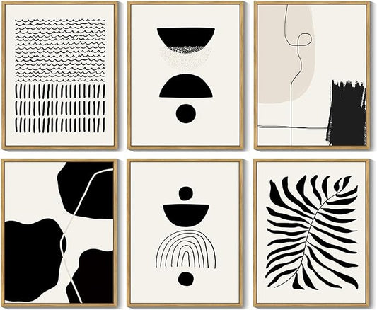 KUVIOKE Black Abstract Framed Wall Art Boho Room Decor Set of 6 Minimalist Geometric Line Art Bohemian Mid Century Modern Prints for Bedroom Living Room 8x10in (Natural Framed)