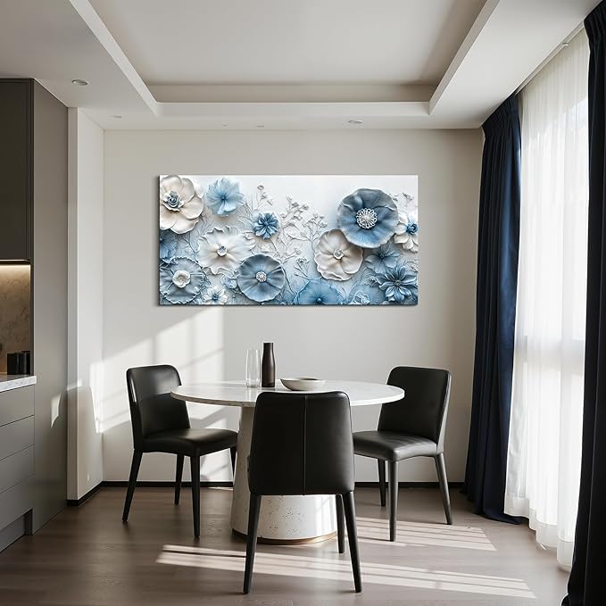 SERIMINO Flower Wall Art, Large Canvas Wall Art, Floral Wall Decor, Blue White Wildflowers Painting, Modern Abstract Botanical Prints, Nature Pictures for Living Room Bedroom Dining Room 24"x48"