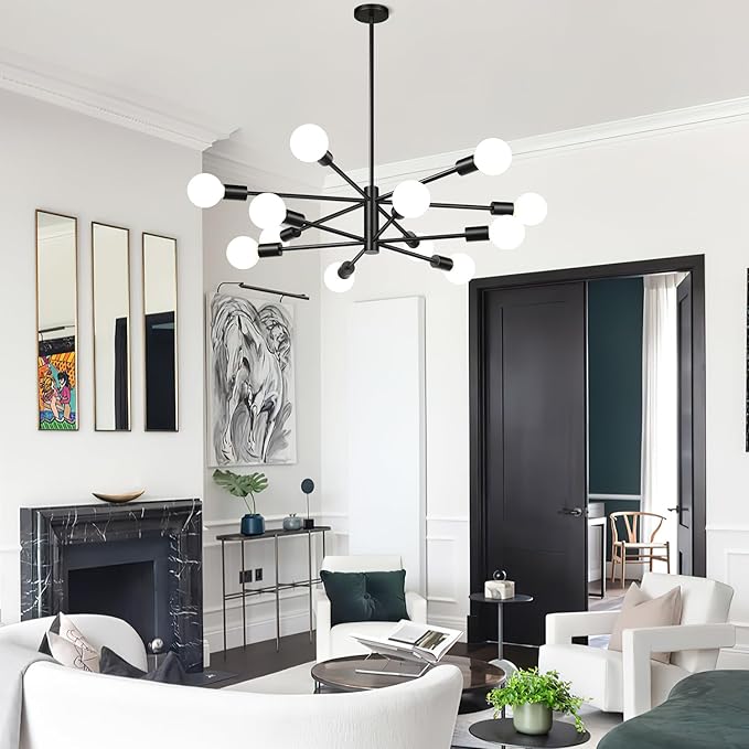 10.9"-52.3" Height Adjustable Modern Chandelier Ceiling Light Fixture, 12-Light Sputnik Chandeliers Matte Black Mid Century Chandelier Over Table, Chandeliers for Dining Room (Bulbs Not Included)