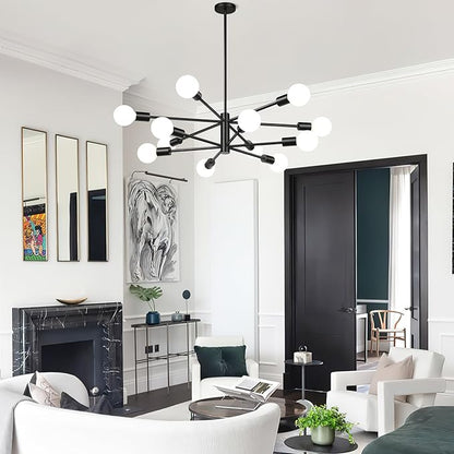10.9"-52.3" Height Adjustable Modern Chandelier Ceiling Light Fixture, 12-Light Sputnik Chandeliers Matte Black Mid Century Chandelier Over Table, Chandeliers for Dining Room (Bulbs Not Included)
