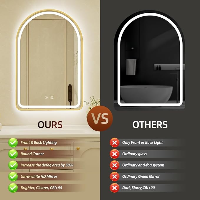 26x40 Inch Arched Gold Aluminum Frame LED Bathroom Mirror with Lights, Lighted Vanity Mirror for Wall,Tempered Glass,Anti-Fog, Stepless Dimmable, 3 Color Temperature Vanity Mirror
