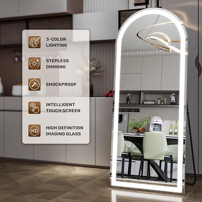 Easly 26x68 inch Full Length Mirror with Lights, LED Lighted Floor Standing, Hanging Full Length with Stand, Full Body Dressing Mirror with Dimmable 3 Color LED