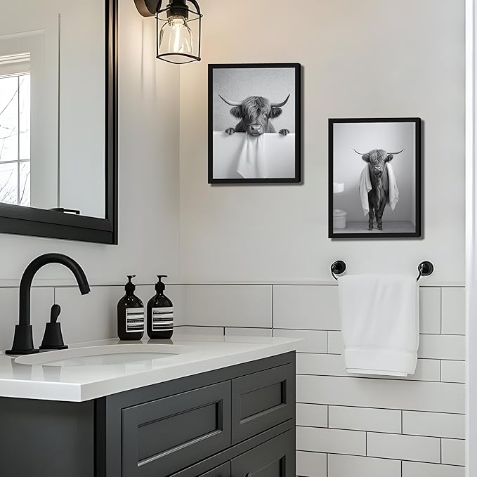 Black Wood Framed Funny Bathroom Highland Cow Wall Art, Black and White Cute Cow Animal Canvas Wall Decor Paintings Set of 3, Vintage Rustic Farmhouse Posters Prints for Bathroom Restroom 16x24 Inch