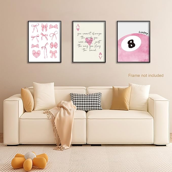 Trendy Pink Bows Posters Wall Art Set of 3, Vintage Preppy Lucky 8 Ball Canvas Wall Decor, Pink Girly Room Aesthetic Picture Prints Painting for College Apartment Living Room Bedroom 12x16 In Unframed