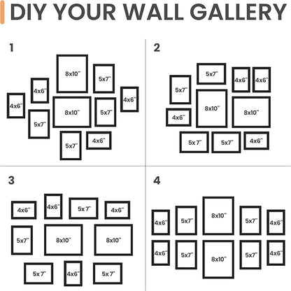 upsimples 10 Pack Picture Frames Collage Wall Decor for Mounting or Tabletop Display, Photo Gallery Frame Set for Family, Multi Sizes Including 8x10, 5x7, 4x6, Black Gray Brown