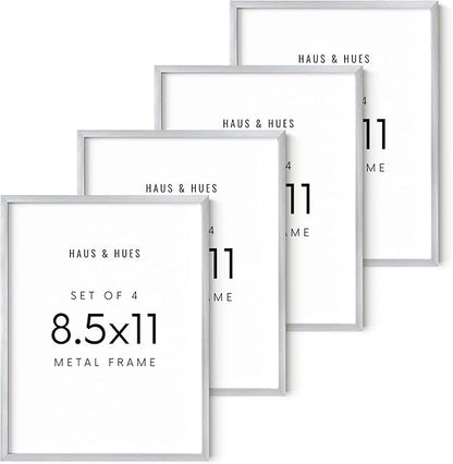 HAUS AND HUES 8.5x11 Silver Metal Picture Frames - Features Premium Aluminum, Vertical & Horizontal Hang, Shatterproof Plexiglass - Perfect for Home, Room, Office (8.5x11 in, Silver, Set of 4)